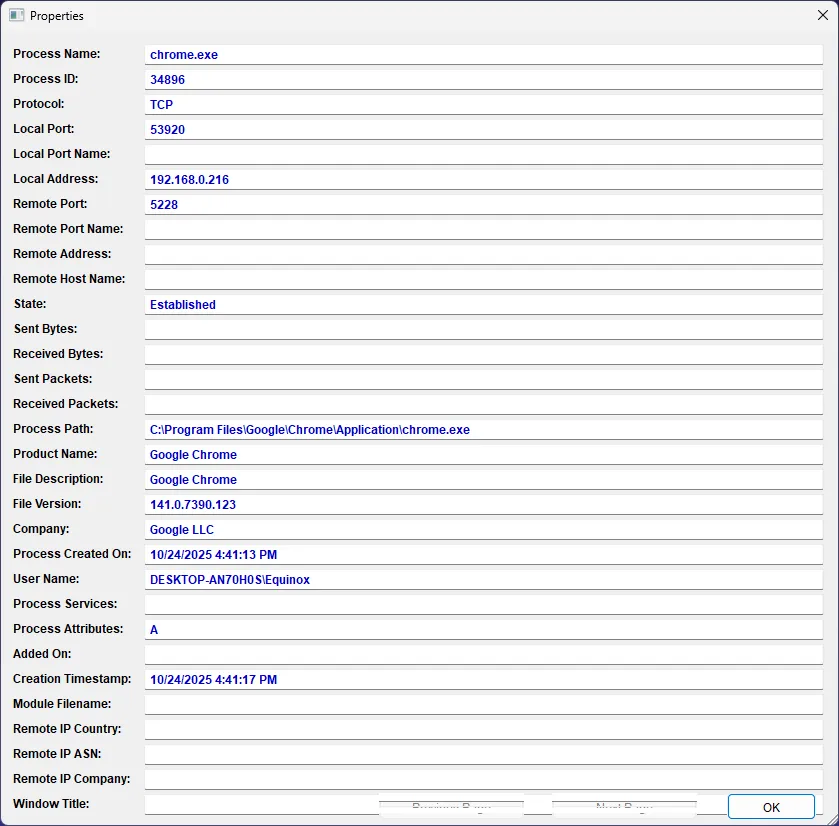 Chi tiết một tiến trình (ví dụ Chrome) hiển thị trong cửa sổ CurrPorts, bao gồm PID và đường dẫn file.