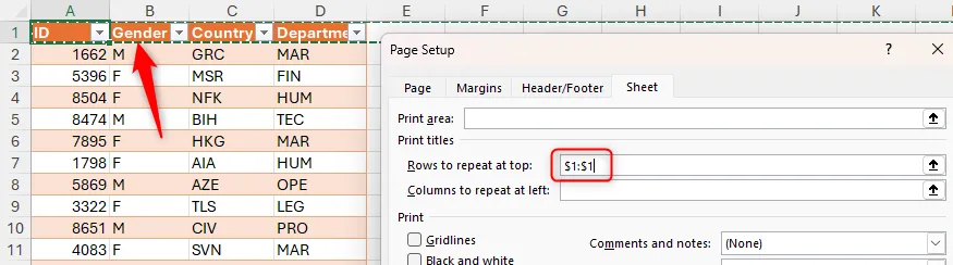 Chọn hàng tiêu đề để lặp trên mỗi trang in thông qua Page Setup.