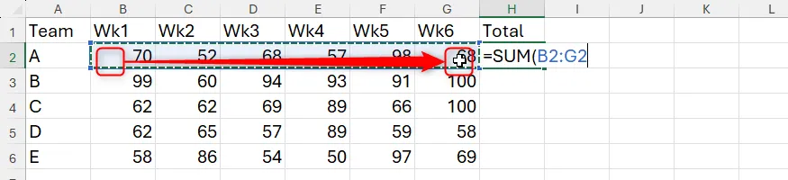 Chọn vùng ô bằng chuột để tạo tham chiếu trong công thức Excel.