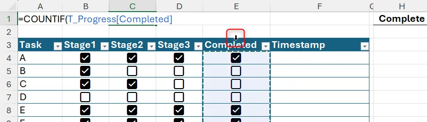 COUNTIF với structured reference đếm checkbox TRUE trong cột Completed