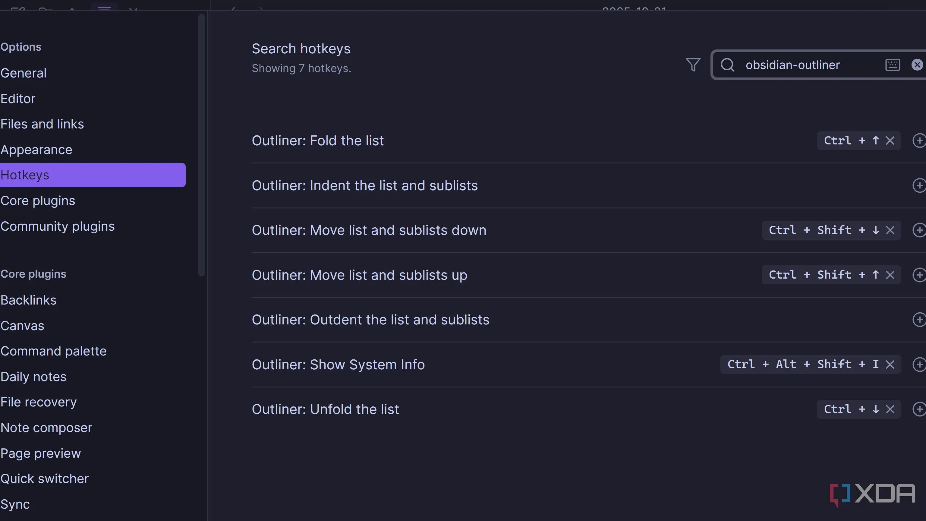 Danh sách phím tắt Outliner cho Obsidian hiển thị các tổ hợp di chuyển và thụt lề