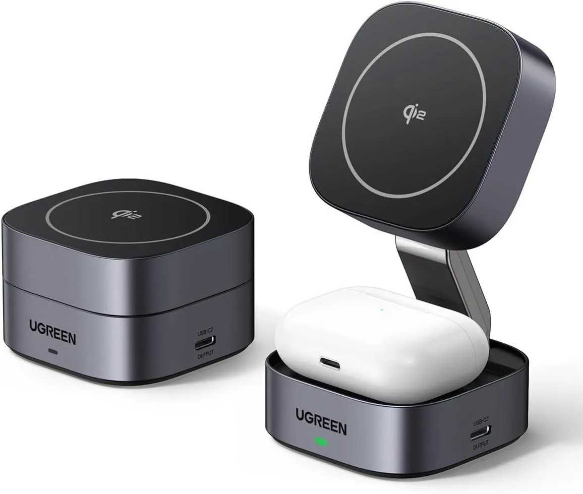 Đế sạc Ugreen Qi2 gập được, có thể dùng để dựng iPhone khi dùng bàn phím rời.