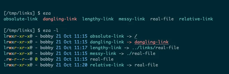 eza hiển thị liên kết tượng trưng hỏng bằng màu khác trên terminal