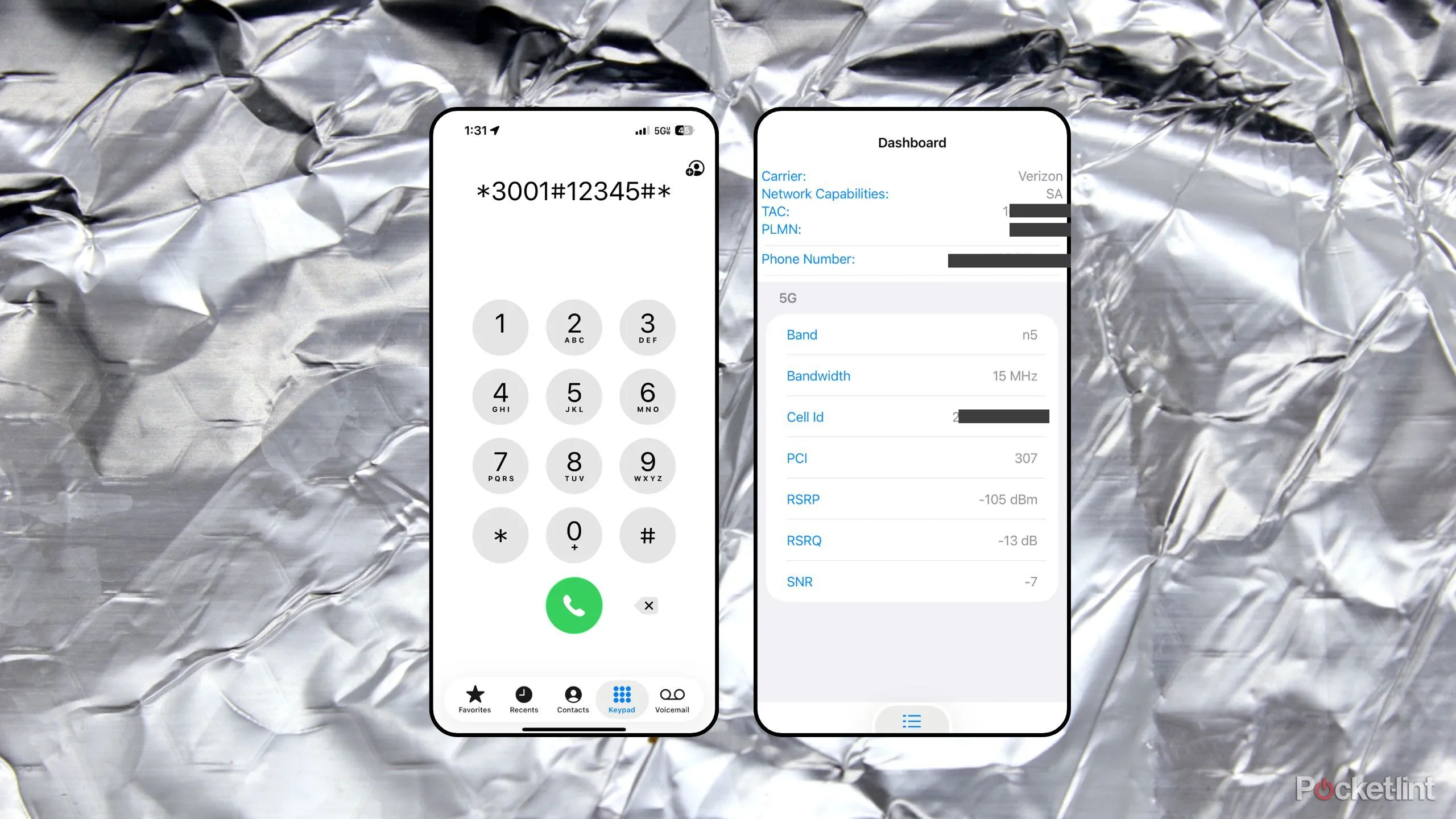 Field Test Mode trên iOS hiển thị RSRP, RSRQ, SINR.