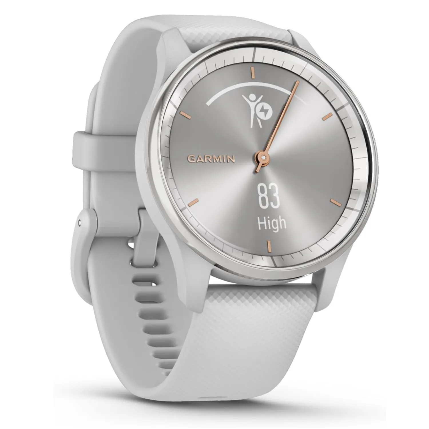 Garmin Vivomove Trend trên nền trắng, phô diễn mặt đồng hồ analog kết hợp màn hình ẩn thông minh