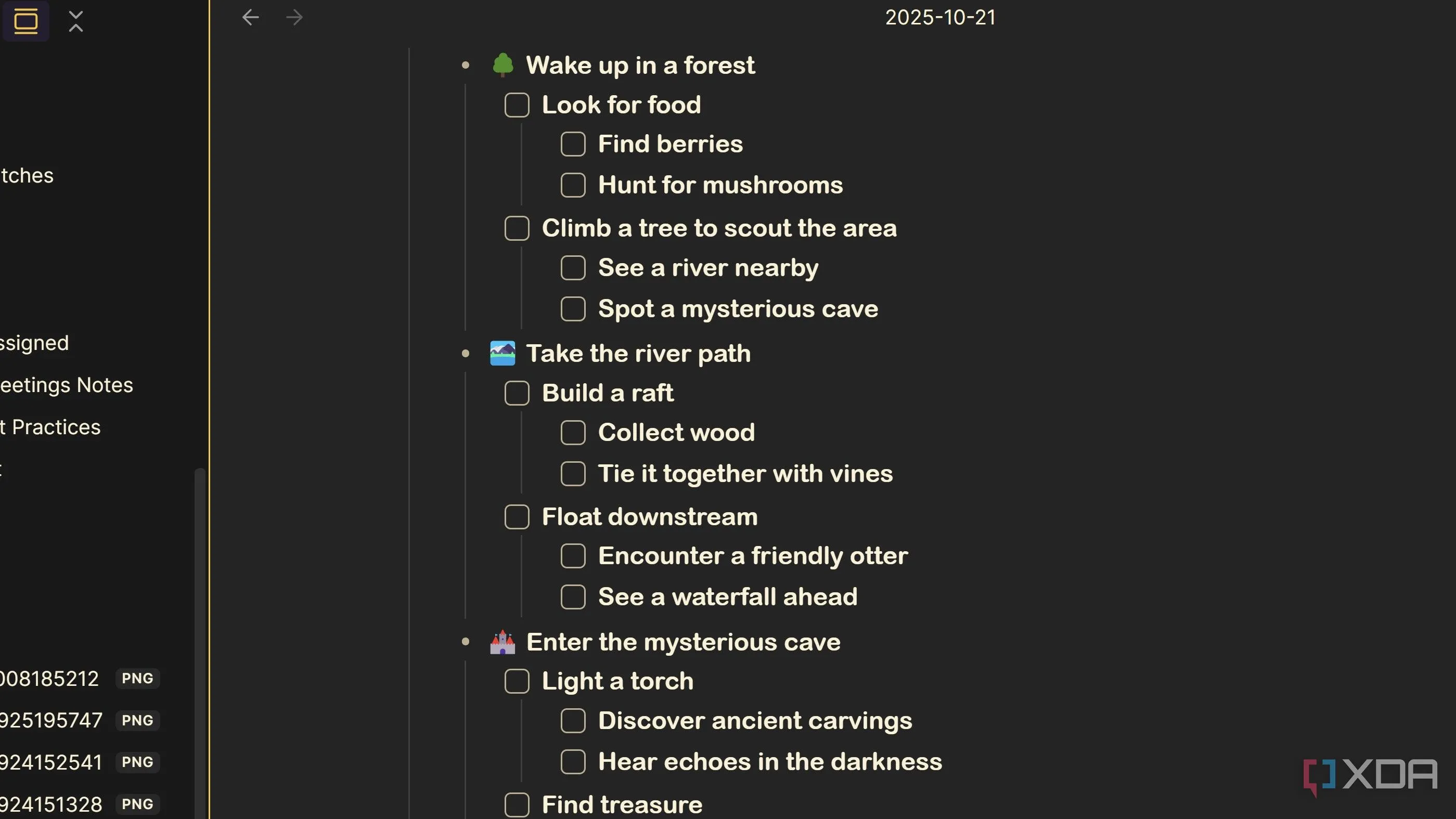 Ghi chú kiểu danh sách Outliner thể hiện một checklist chuyến dã ngoại — ví dụ hạn chế khi cần bố cục tự do