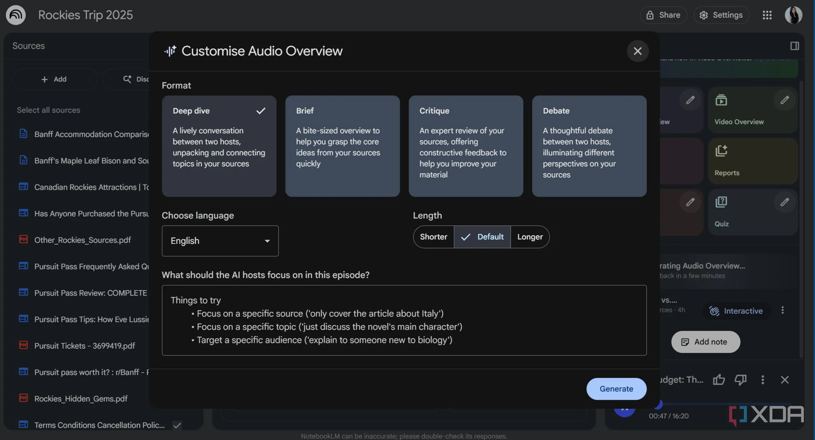 Giao diện audio overview của NotebookLM — tóm tắt nghiên cứu du lịch theo phong cách podcast