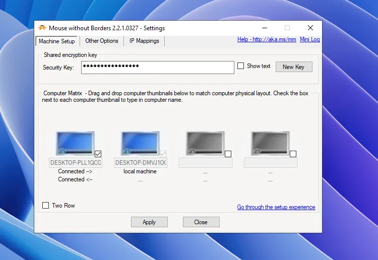 Giao diện chính Mouse Without Borders cho phép cấu hình ma trận máy tính và tùy chọn chia sẻ clipboard