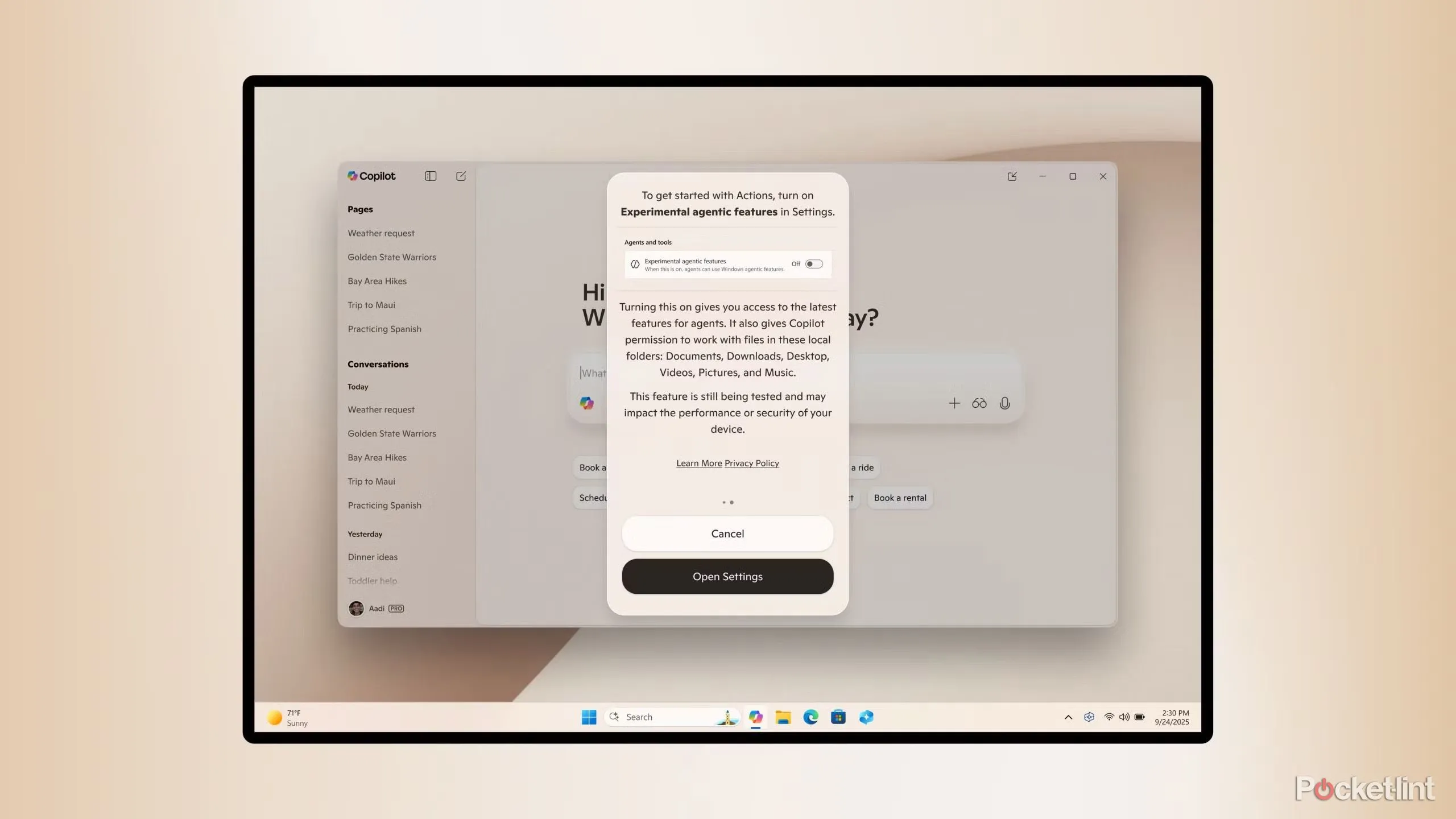 Giao diện Copilot và các hành động đề xuất trong Windows 11, minh họa cho việc tích hợp AI toàn hệ thống.