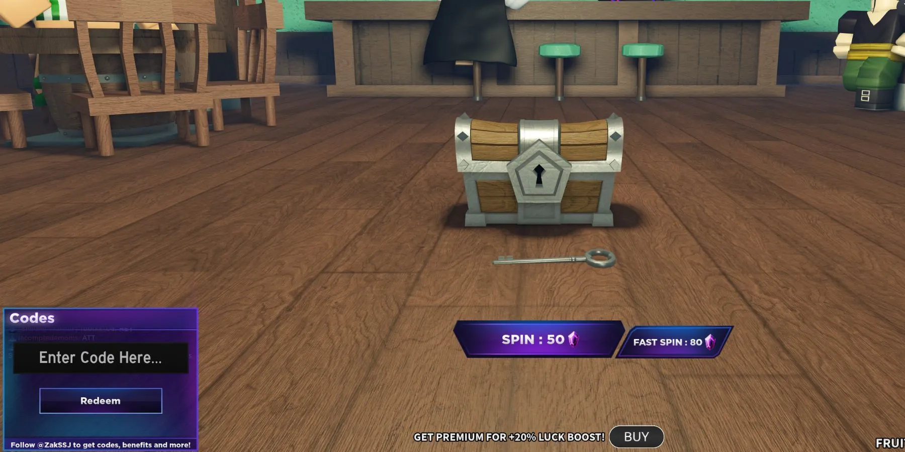 Giao diện đổi mã và cửa hàng Spin trong Fruit Battlegrounds, hiển thị chest và ô nhập code