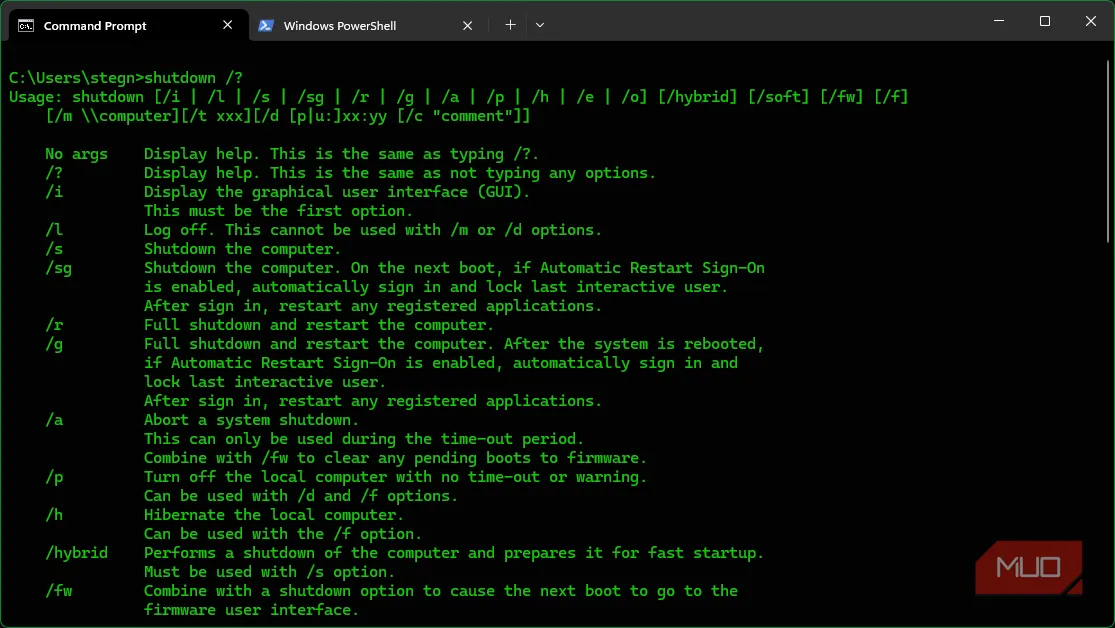 Giao diện lệnh shutdown trong Command Prompt, dùng để lập lịch tắt/mở cho máy chơi game