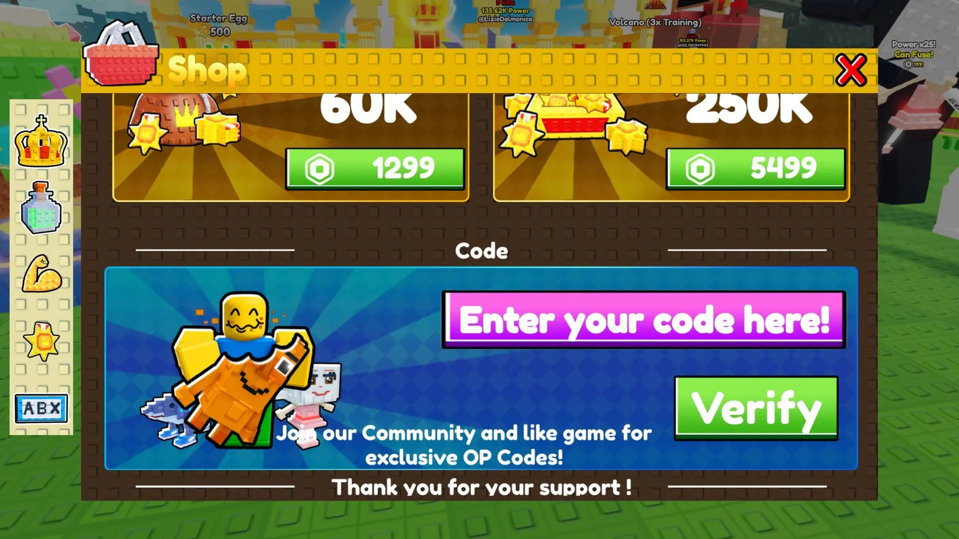 Giao diện mã thưởng trong Eat Brainrot for Fight, vị trí ô nhập code trong Shop