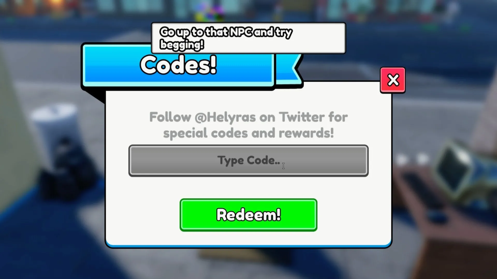 Giao diện tab nhập mã trong Be a Beggar trên Roblox