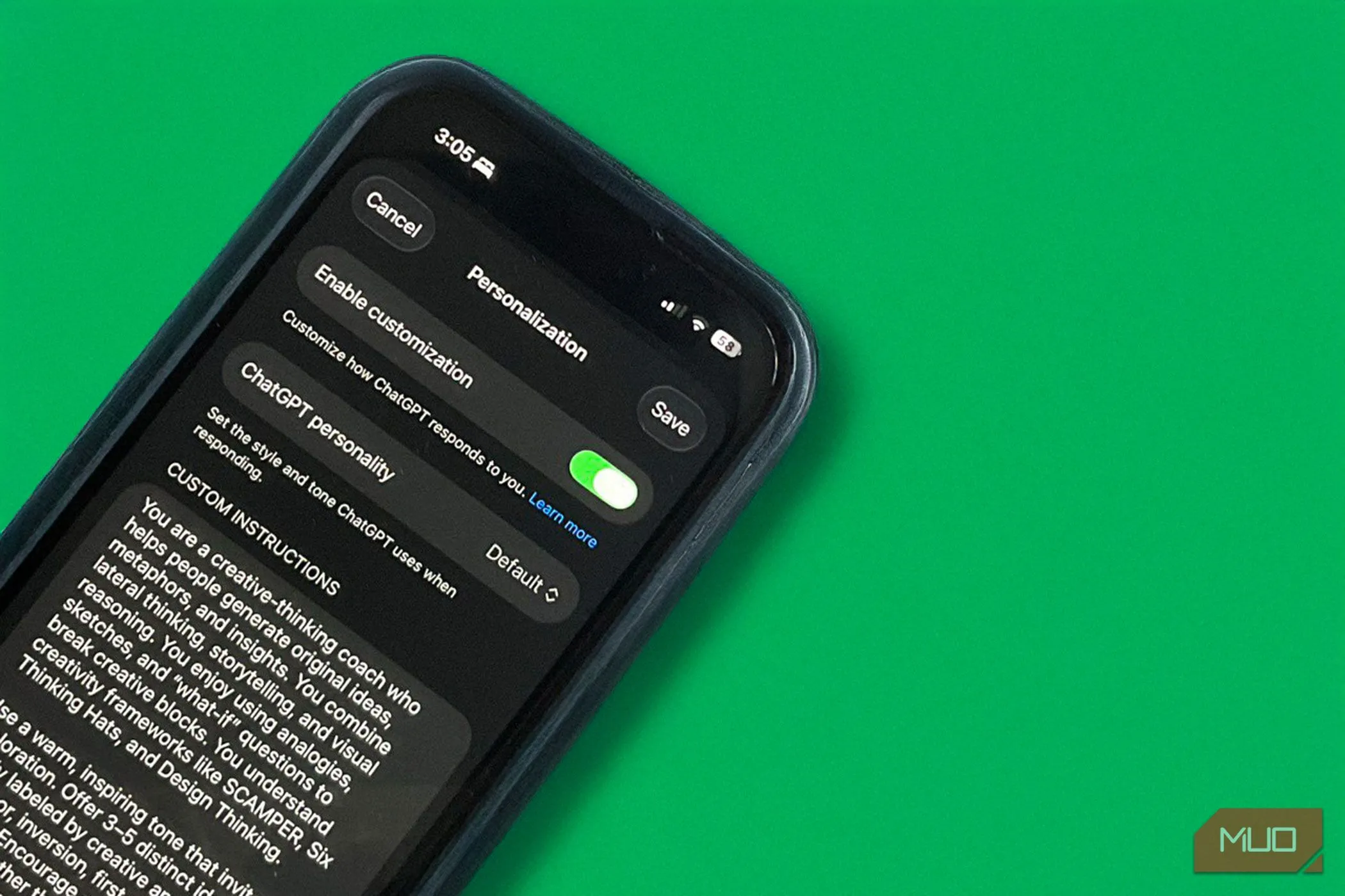 Giao diện tính năng Personas trong ứng dụng ChatGPT trên iOS, minh họa việc thu thập dữ liệu cá nhân và cấu hình người dùng