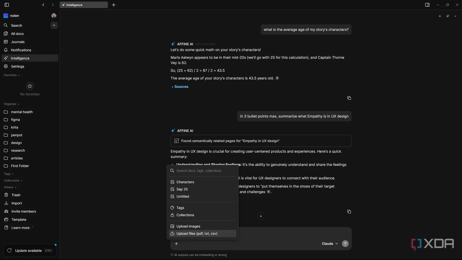 Giao diện trợ lý AI AFFiNE trích xuất và tóm tắt ghi chú thiết kế