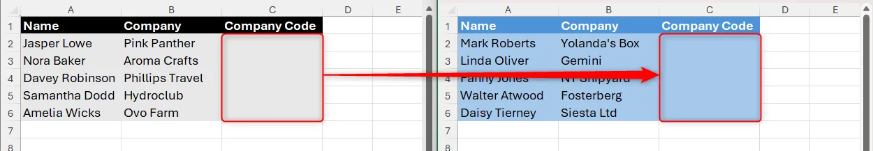 Hai sheet Excel với cột nhập mã công ty, minh họa nhu cầu sao chép quy tắc validation.