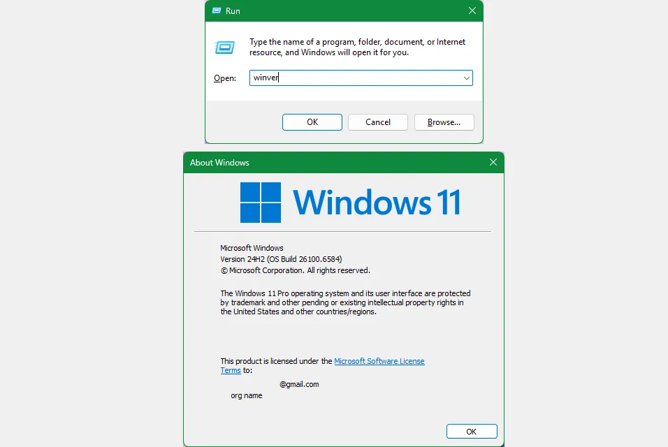 Hộp thoại Winver và Run giúp kiểm tra nhanh phiên bản Windows — hữu ích trước khi cài game hoặc driver yêu cầu bản Windows cụ thể