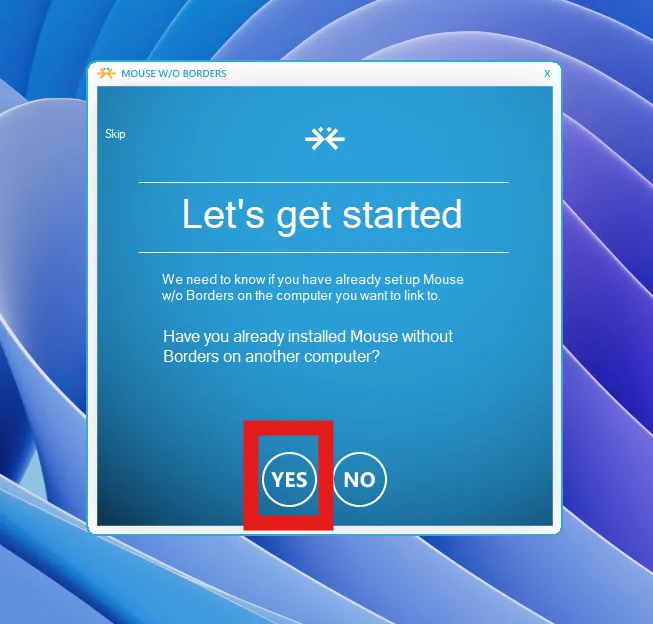 Hộp thoại xác nhận 'Yes' trong thiết lập Mouse Without Borders hiển thị trên Windows