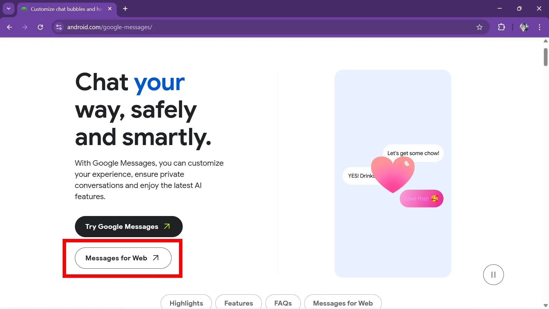 Khung chữ đỏ khoanh Messages for Web trên trang Google Messages