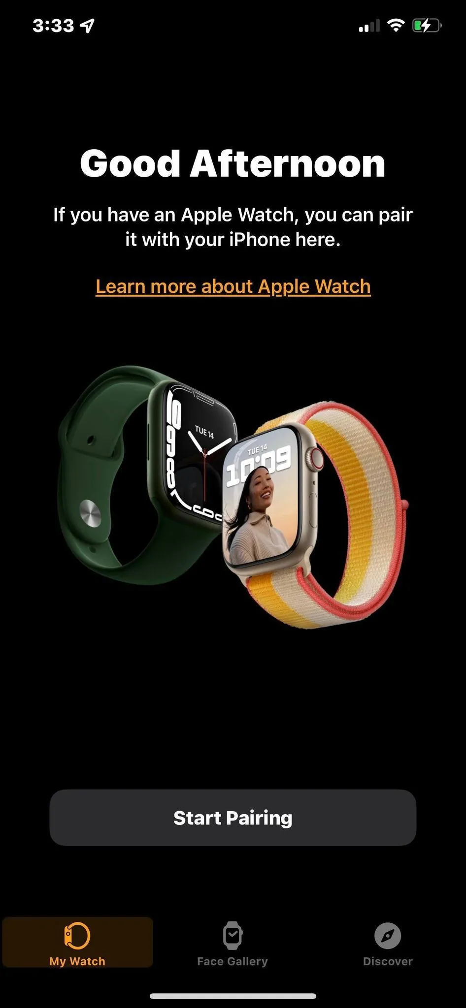 Màn hình Start Pairing trong ứng dụng Watch trên iPhone — bước thiết lập ban đầu khi cặp Apple Watch