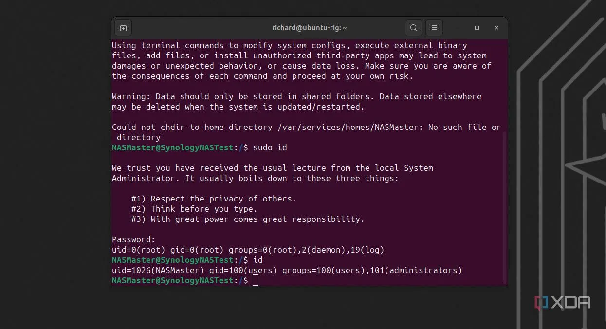 Màn hình terminal SSH vào Synology NAS — ví dụ thiết bị Linux hỗ trợ Netmiko