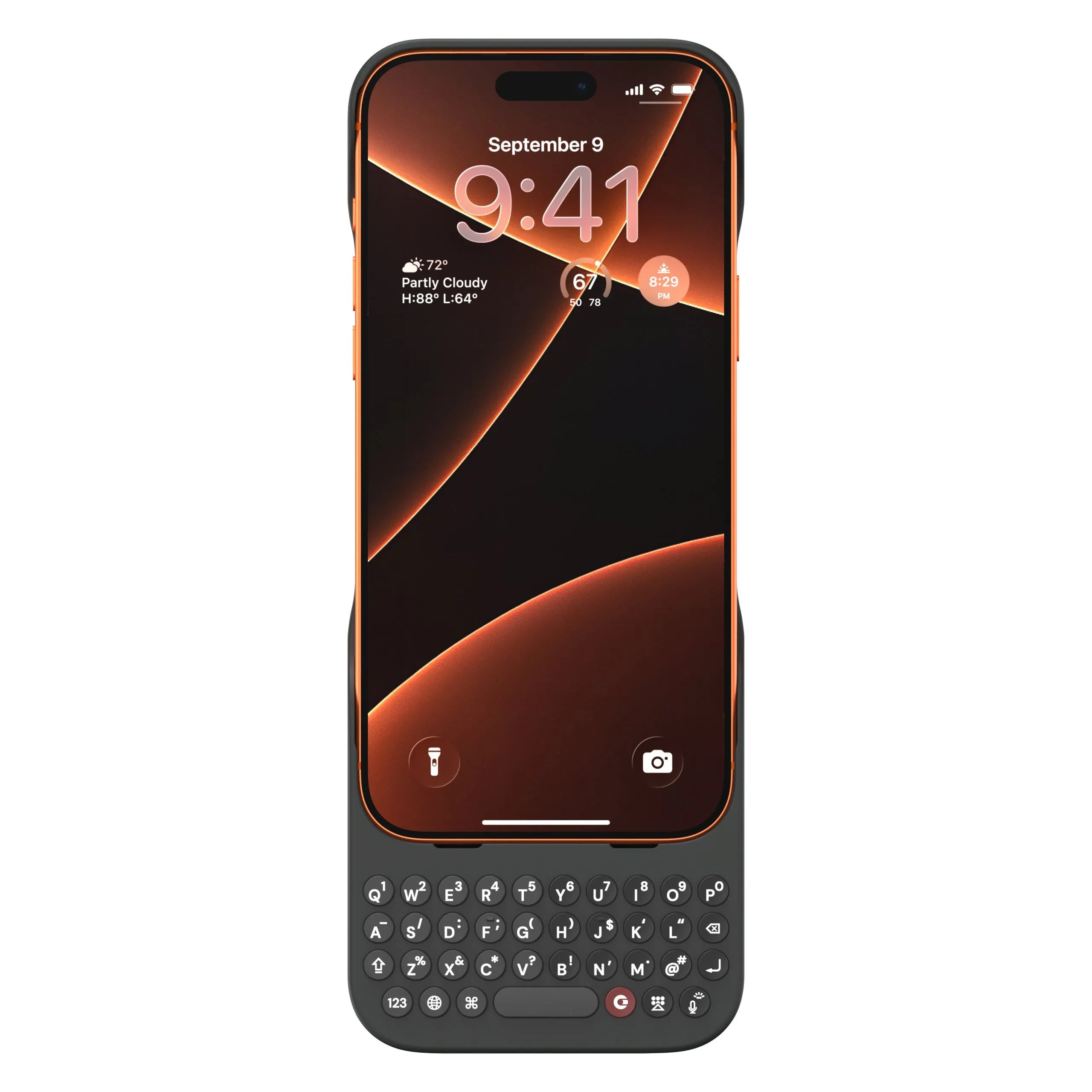 Mặt trước ốp Clicks cho iPhone 17 Pro màu Onyx, thể hiện khoảng kéo dài thân máy khi gắn ốp.