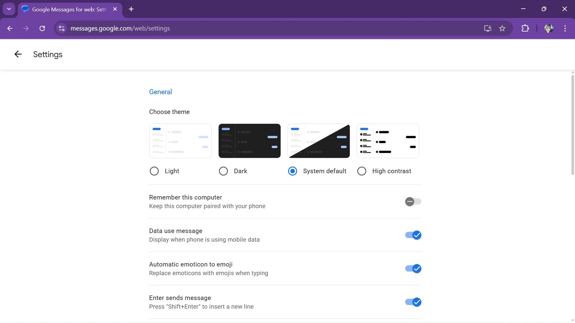 Menu Settings trong Google Messages web với các tùy chọn theme và thông báo