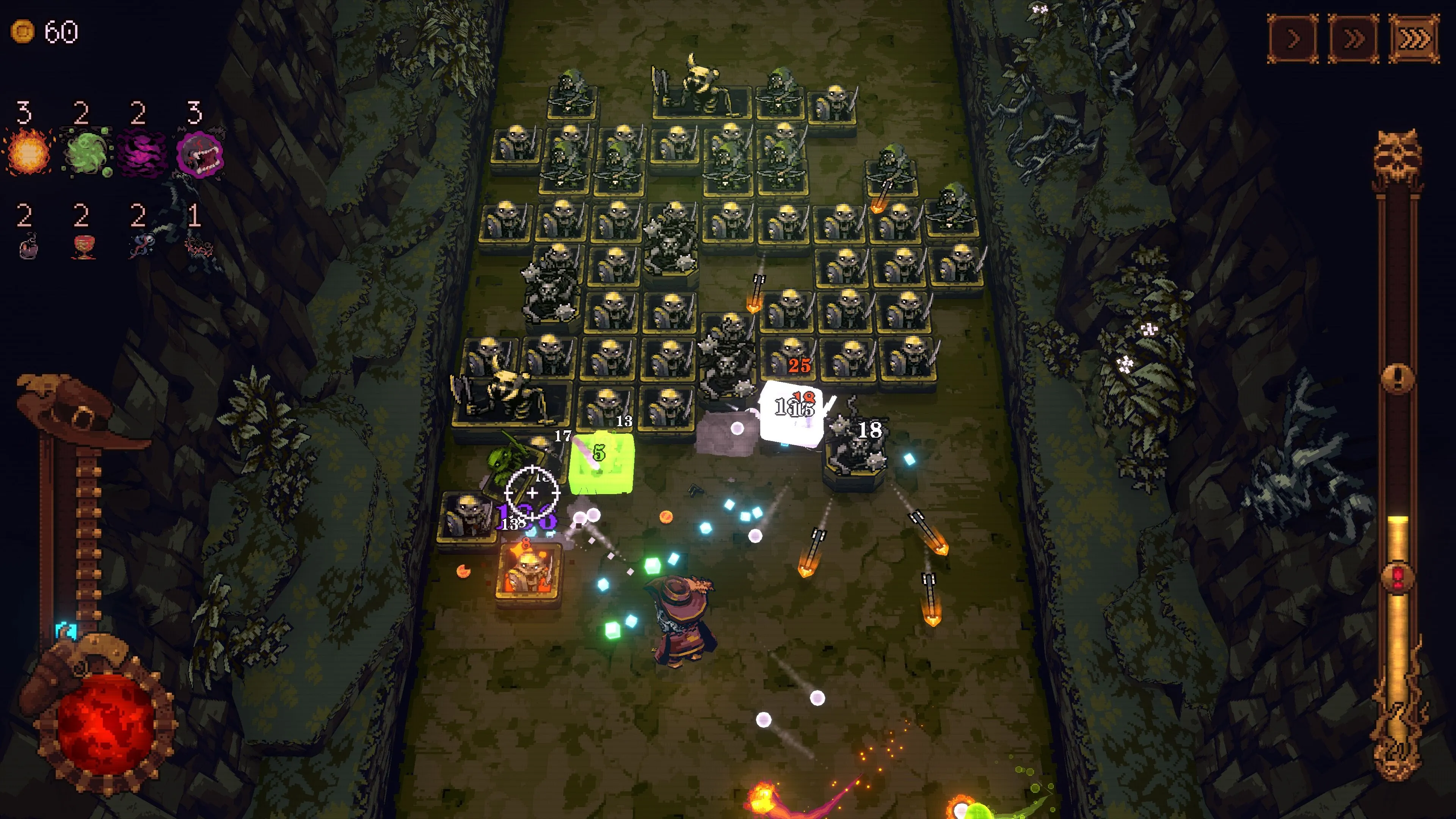 Nhân vật The Achyfinger chiến đấu trong màn Bone X Yard, minh hoạ cơ chế bắn bóng và thu hồi bóng trong Ball x Pit trên Switch 2