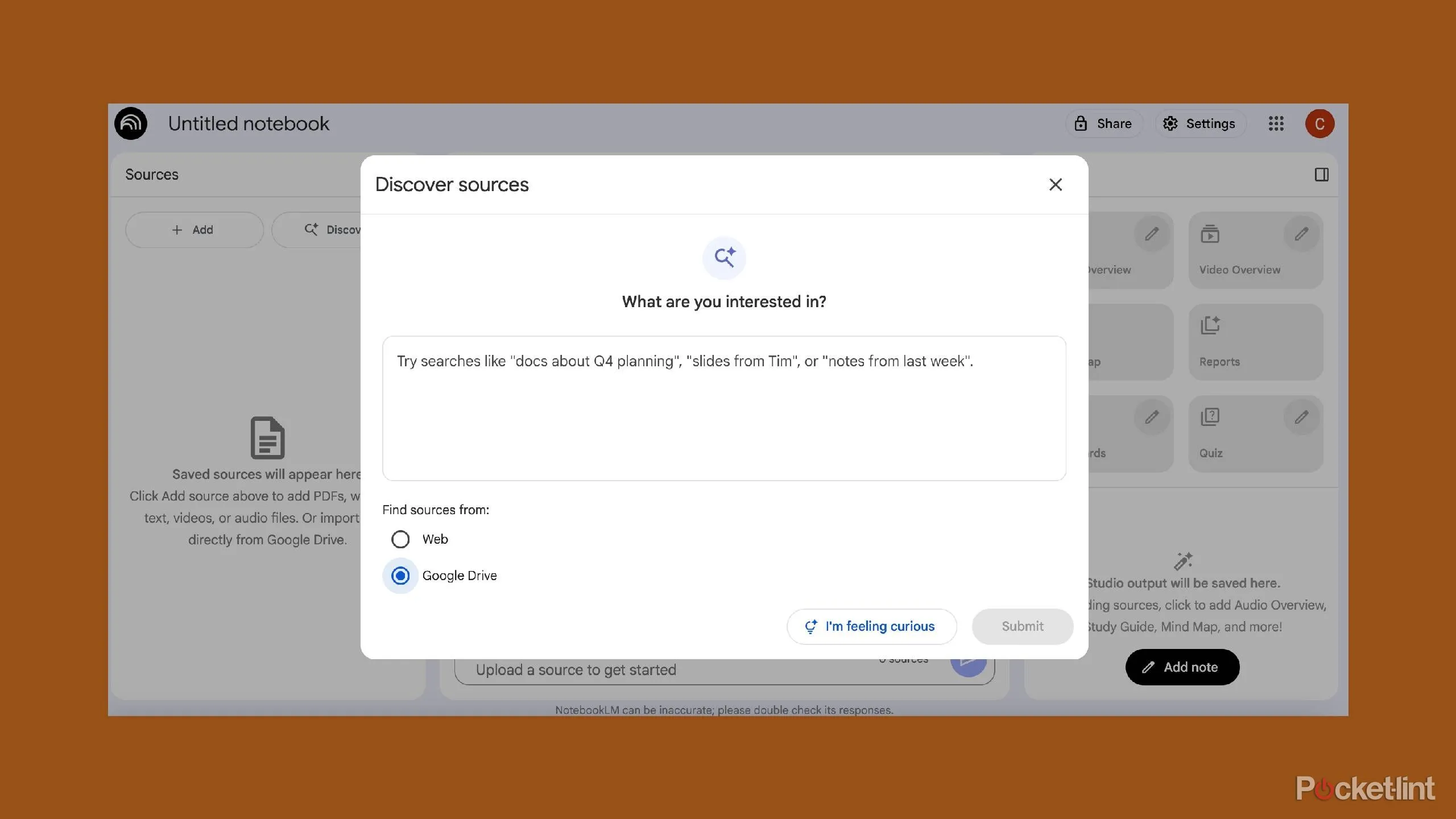 NotebookLM hiển thị kết quả tìm kiếm trong Google Drive, giúp tìm file dựa trên từ khóa nội dung
