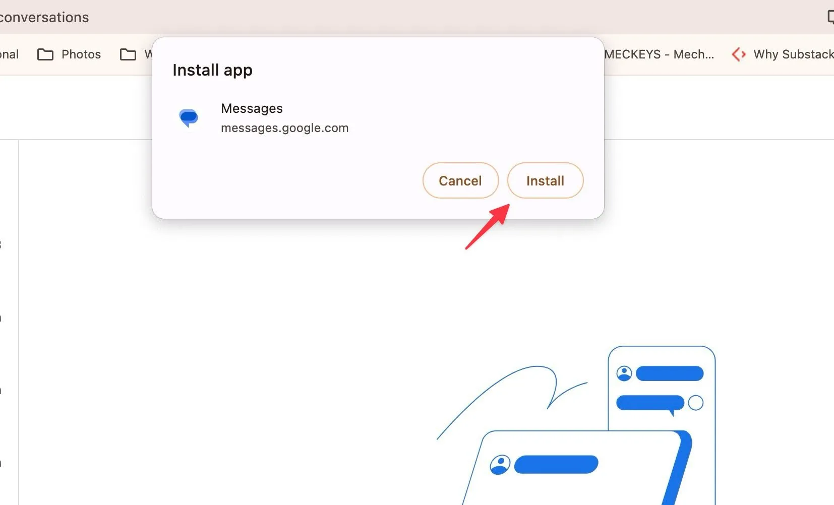 Nút Install trong hộp thoại cài web app của Chrome cho Google Messages