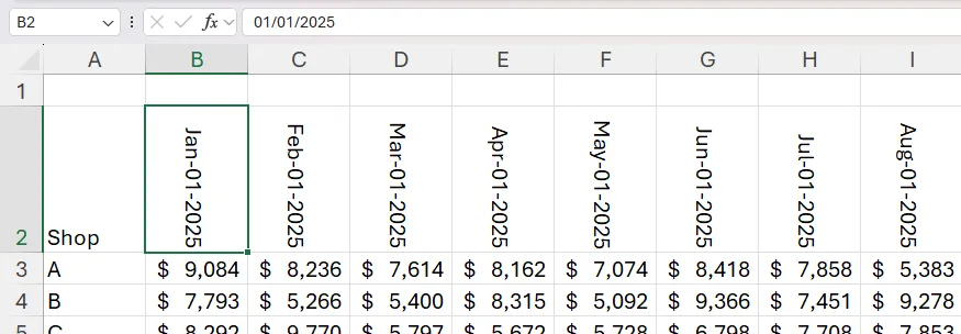 Ô ngày được chọn trong bảng tính Excel, thanh công thức hiển thị giá trị thay vì công thức mảng.