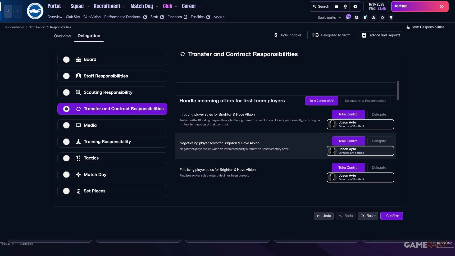 Phân quyền chuyển nhượng và tuyển trạch trong FM26, ví dụ các tùy chọn Delegate cho Transfers và Recruitment