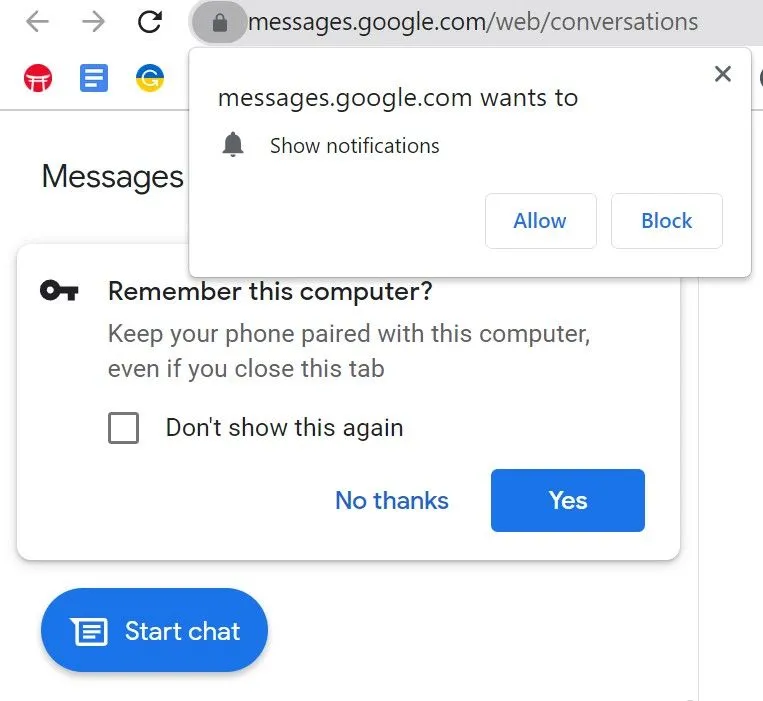 Popup gợi ý nhớ máy tính và cho phép thông báo trên Google Messages web