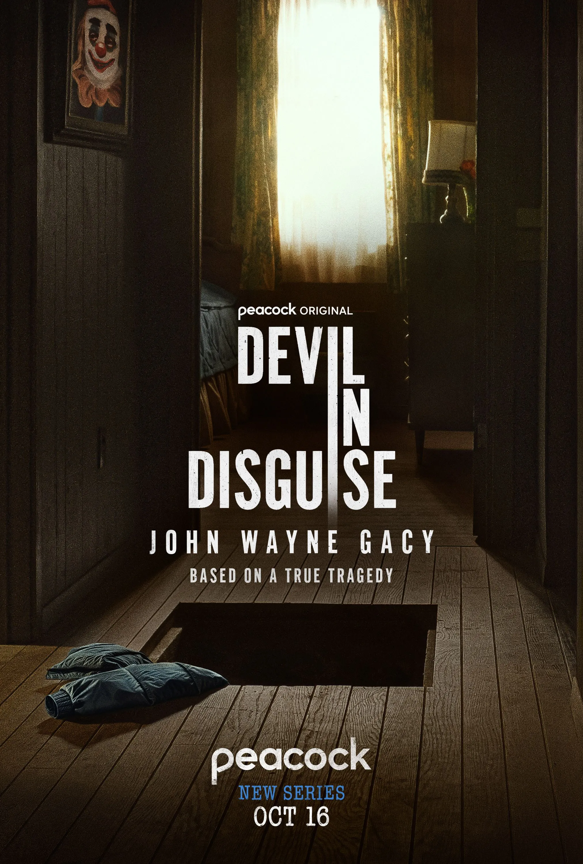 Poster Devil In Disguise: cảnh Michael Chernus vào vai John Wayne Gacy trong limited series trên Peacock 2025