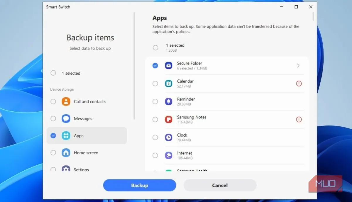 Sao lưu dữ liệu Secure Folder bằng Smart Switch trên PC, minh họa giao diện sao lưu và phục hồi dữ liệu thiết bị Samsung