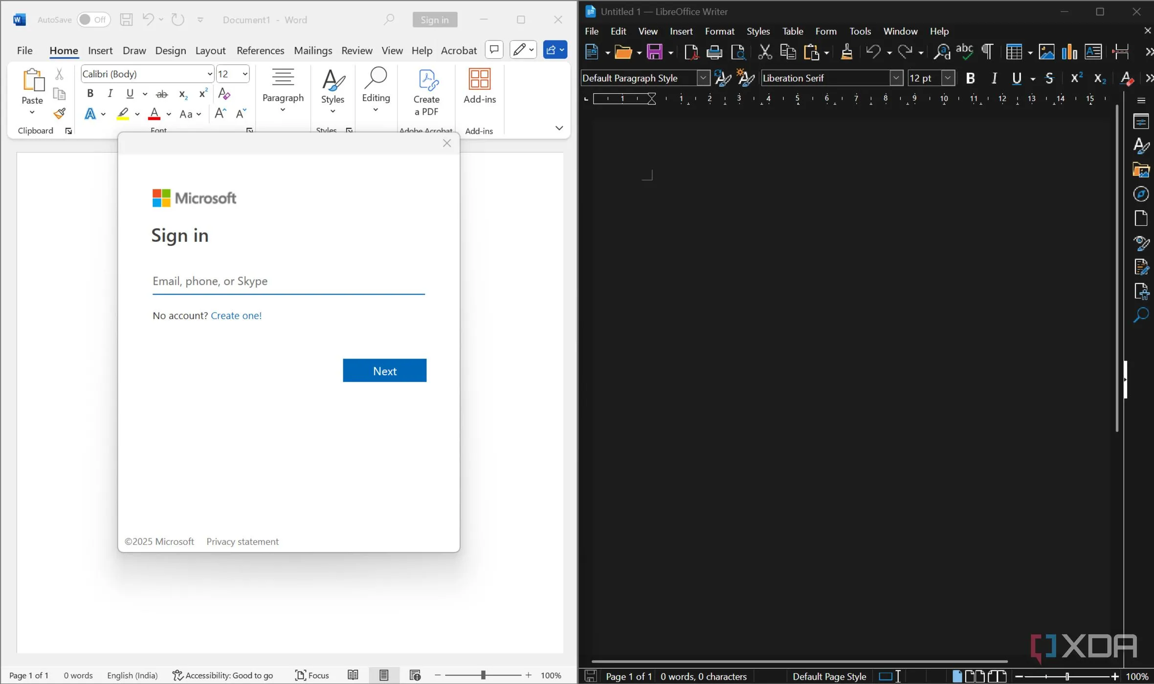 So sánh màn hình yêu cầu đăng nhập Microsoft với chế độ làm việc offline của LibreOffice
