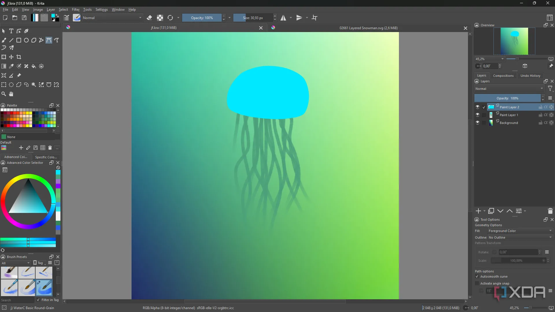 Sử dụng layer và mask cho tác phẩm biển trong Krita — trình bày khả năng chỉnh sửa phi phá hủy