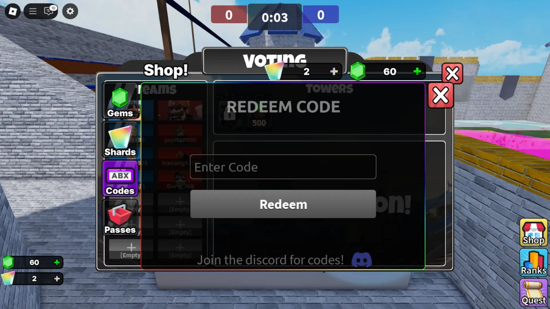 Tab nhập mã trong giao diện Shop của Clashers Royale, hướng dẫn bước nhập và xác nhận Redeem