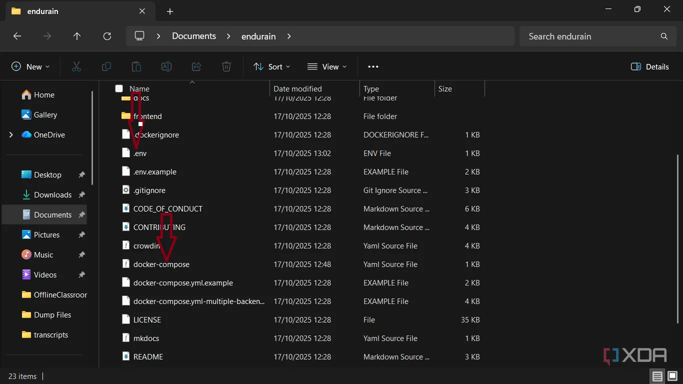 Thư mục dự án Endurain với file docker-compose.yml và .env đã được sao chép