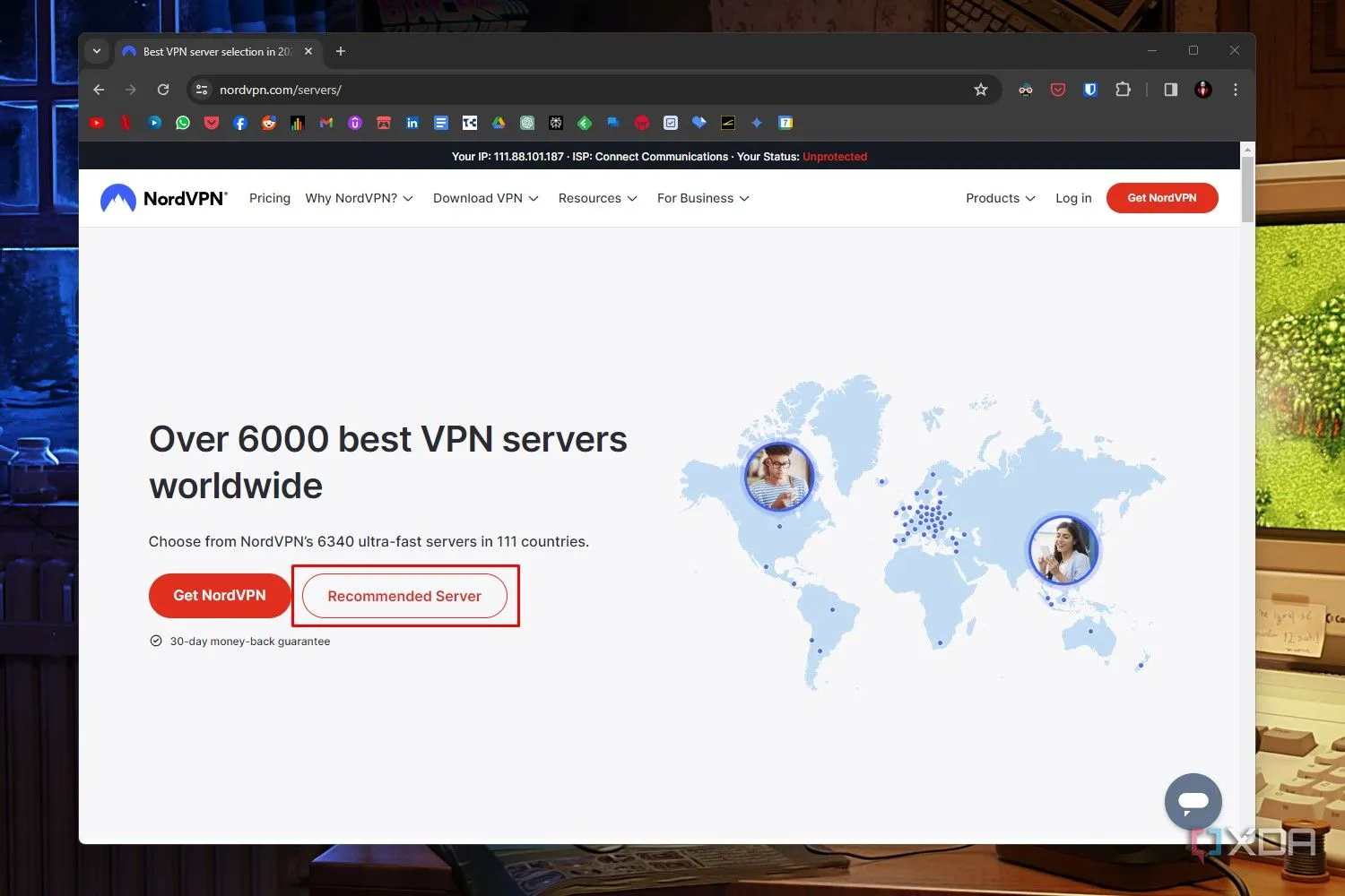 Trang giao diện NordVPN hiển thị danh sách máy chủ khuyến nghị, minh họa việc lựa chọn server để giảm độ trễ và tránh bị chặn dịch vụ