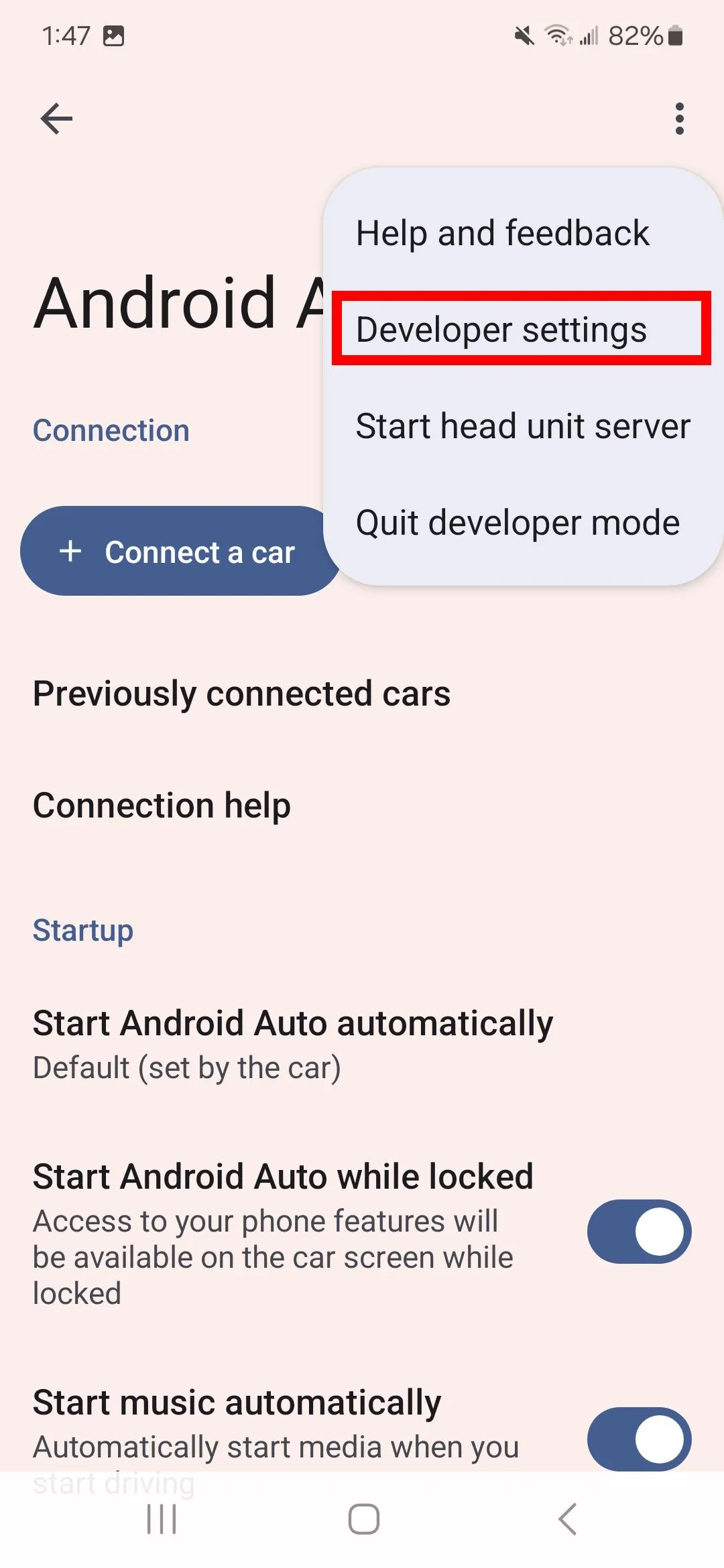 Truy cập Developer settings qua menu ba chấm trong Android Auto