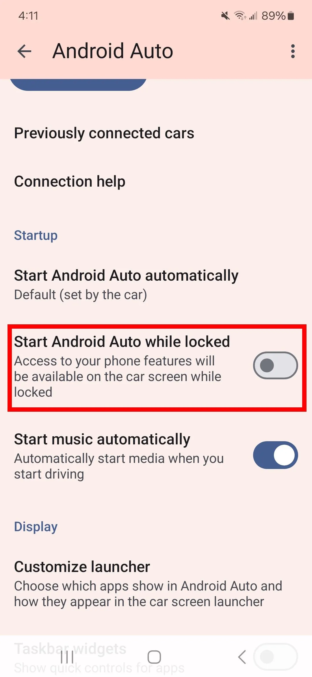 Tùy chọn cho phép khởi động Android Auto khi điện thoại bị khóa, cần cân nhắc về bảo mật