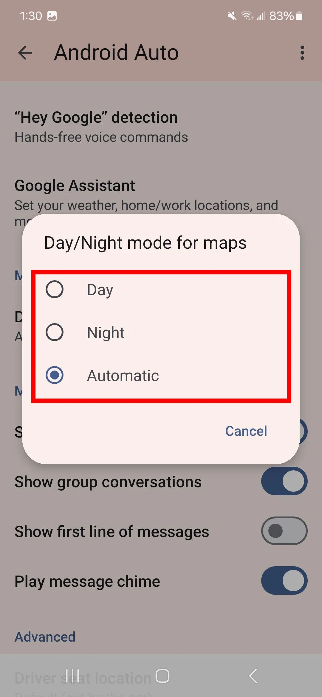 Tùy chọn Day/Night cho bản đồ trong cài đặt Android Auto, phục vụ điều chỉnh giao diện khi lái xe ban đêm hoặc ban ngày