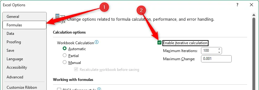 Tùy chọn Enable Iterative Calculations trong Excel Options để cho phép công thức có tham chiếu vòng (circular reference)