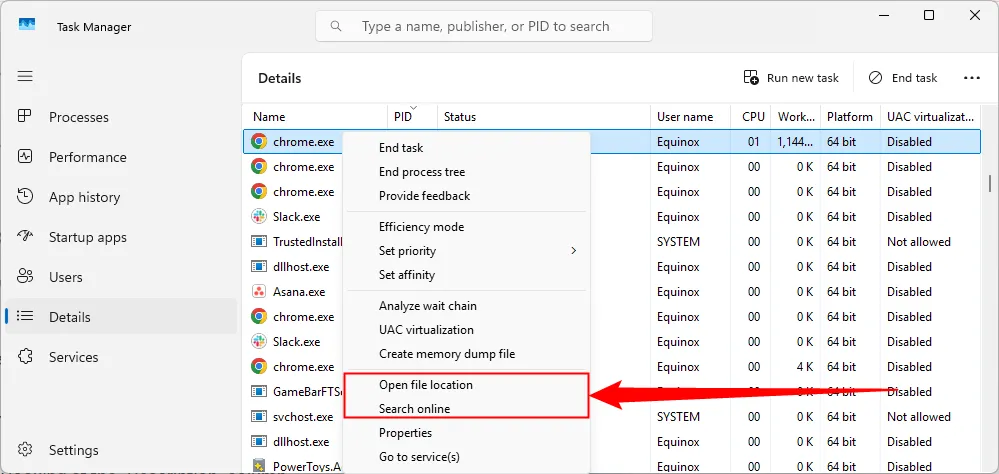 Tùy chọn mở vị trí file hoặc tìm kiếm trực tuyến từ Task Manager để xác định ứng dụng.