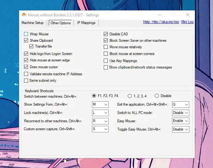 Tùy chọn 'Other settings' trong Mouse Without Borders hiển thị chức năng kéo thả file và clipboard chia sẻ