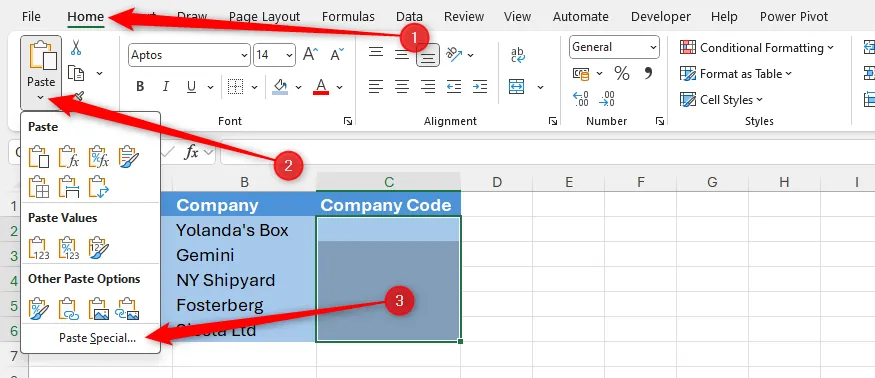 Tùy chọn Paste Special trong menu Paste để chọn Validation.