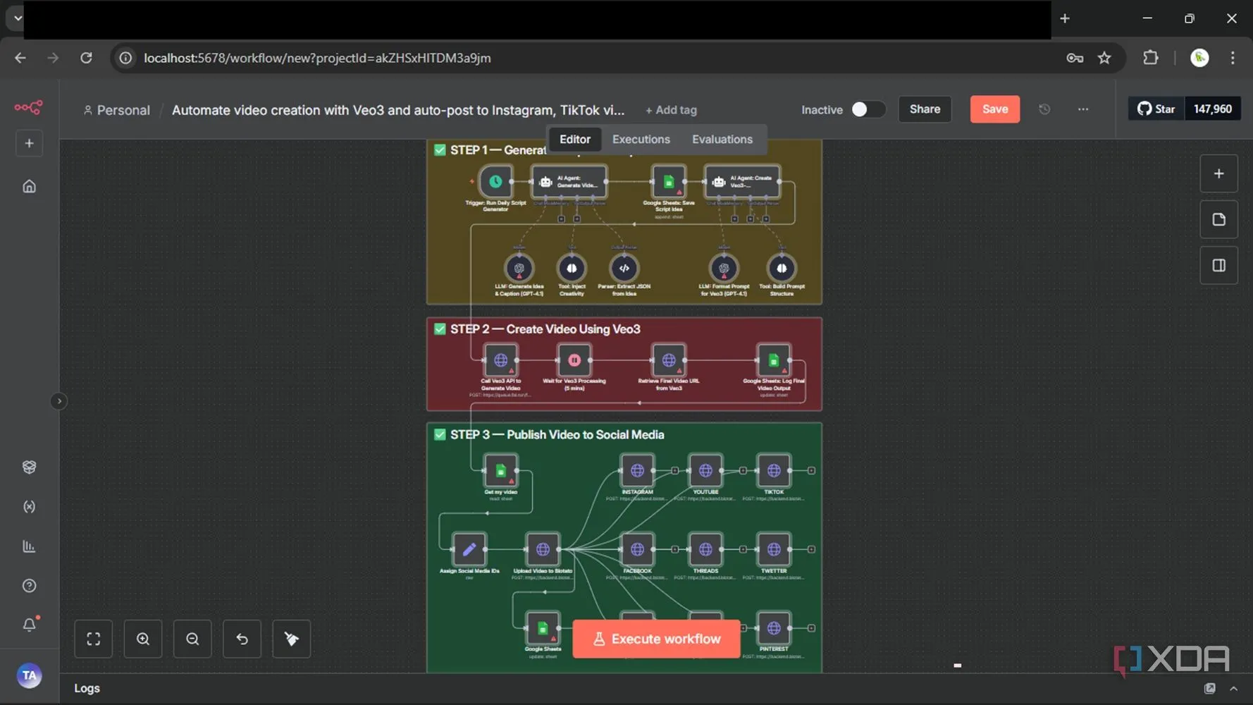 Ví dụ template workflow n8n giúp tự động hóa xuất bản nội dung lên mạng xã hội sau khi xử lý bằng OpenAI và Veo3