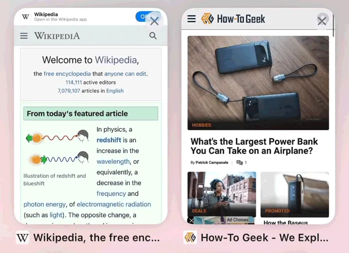 Vuốt trái trên thumbnail tab để đóng tab trong chế độ xem tab của Safari.